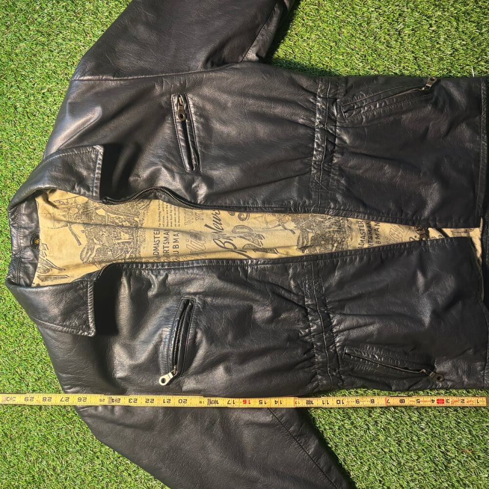 Vintage Black Leather Moto Jacket Newspaper Print Lining Womens EU 40